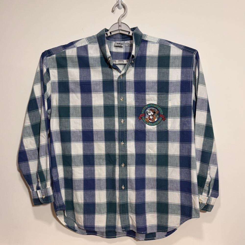Vtg The Disney Store Mickey Mouse Golf Blue Green Plaid Button Up Shirt XL READ